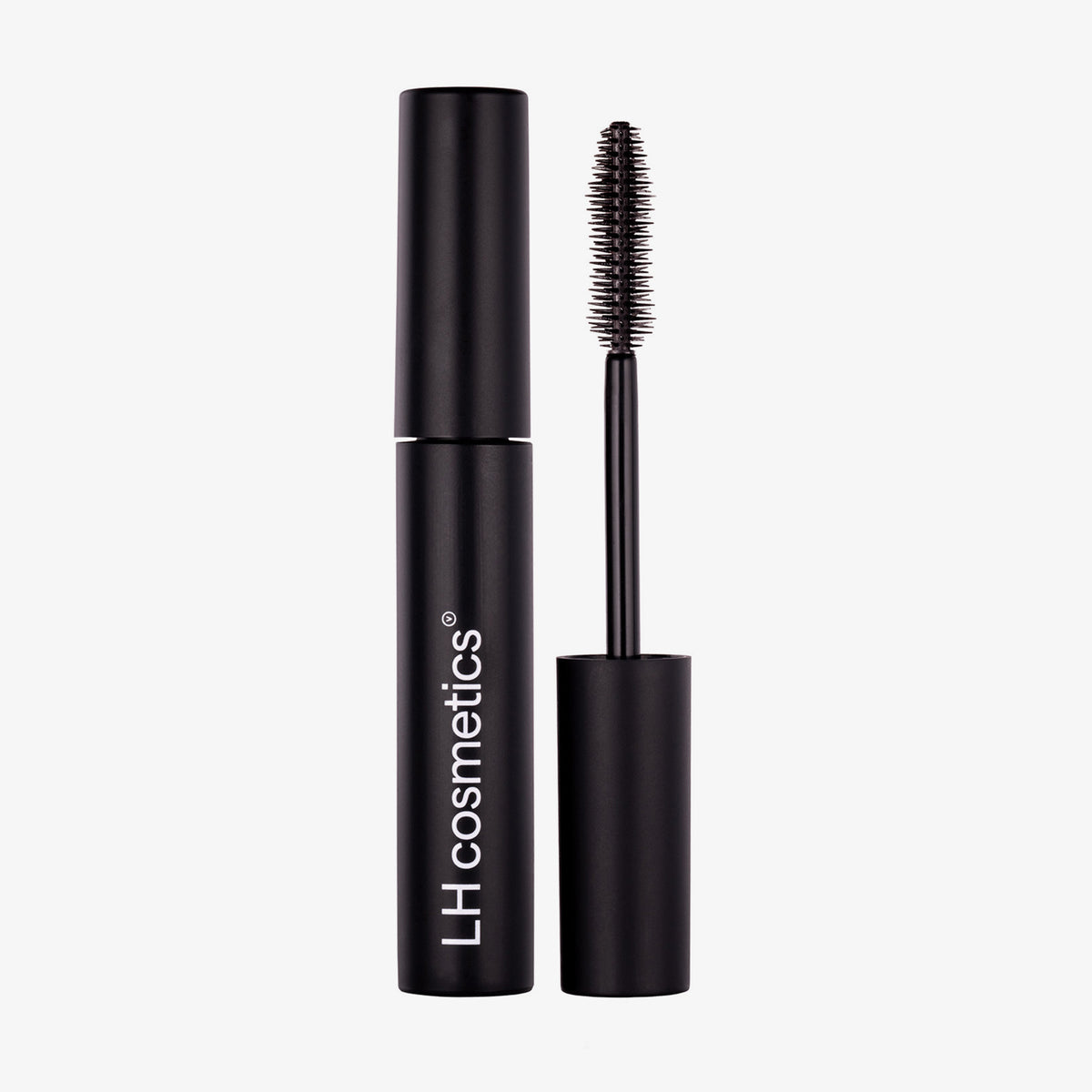 Schwarze Tube Infinity Power Lash Soft Volume von LH Cosmetics neben geschwungener Gummibürste vor weißem Hintergrund.