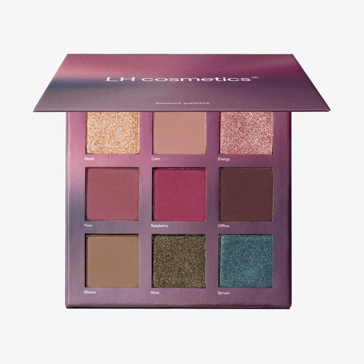 Offene LH Cosmetics Reload Palette mit neun beerigen und erdigen matten und schimmernden Farbtönen.