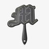 Der Made By Mitchell Mirror von Made by Mitchell ist ein Handspiegel mit einem Griff, der die Form des Buchstaben M mit goldenen Umrissen hat.