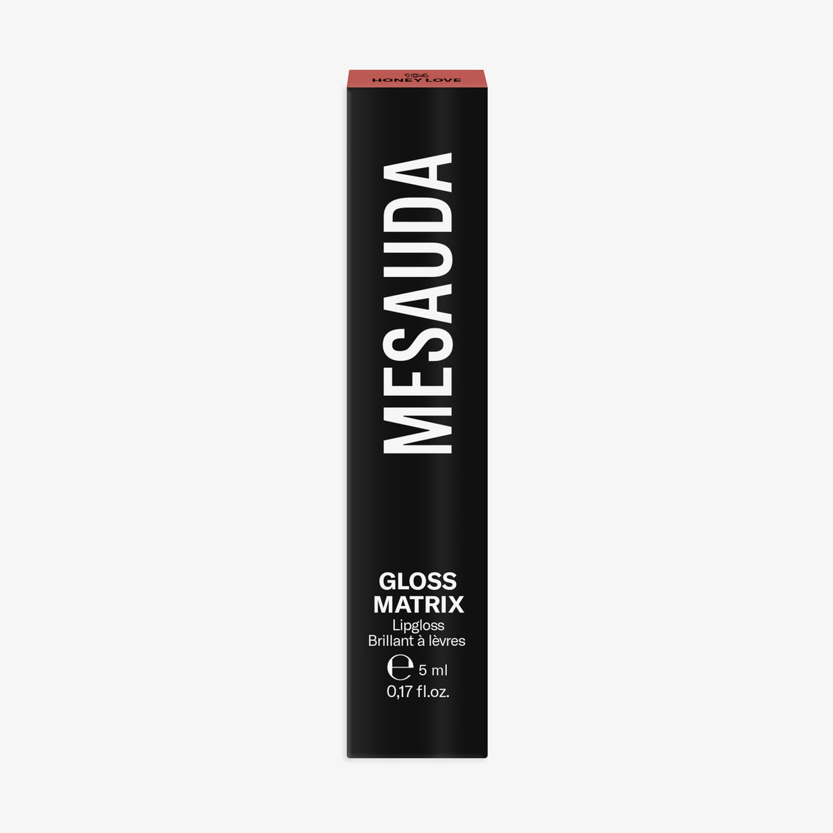 Die schwarze Schachtel der Mesauda Beauty Gloss Matrix Lipglosses aufrecht vor einem weißen Hintergrund.
