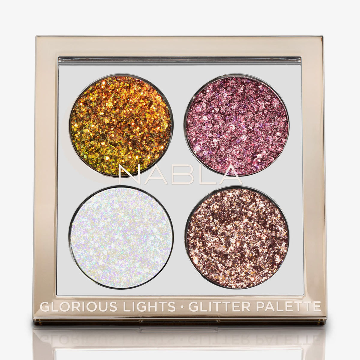 Die Glorious Lights Glitter Palette enthält vier schimmernde Lidschattentöne: Gold, Pink, Weiß und Bronze.