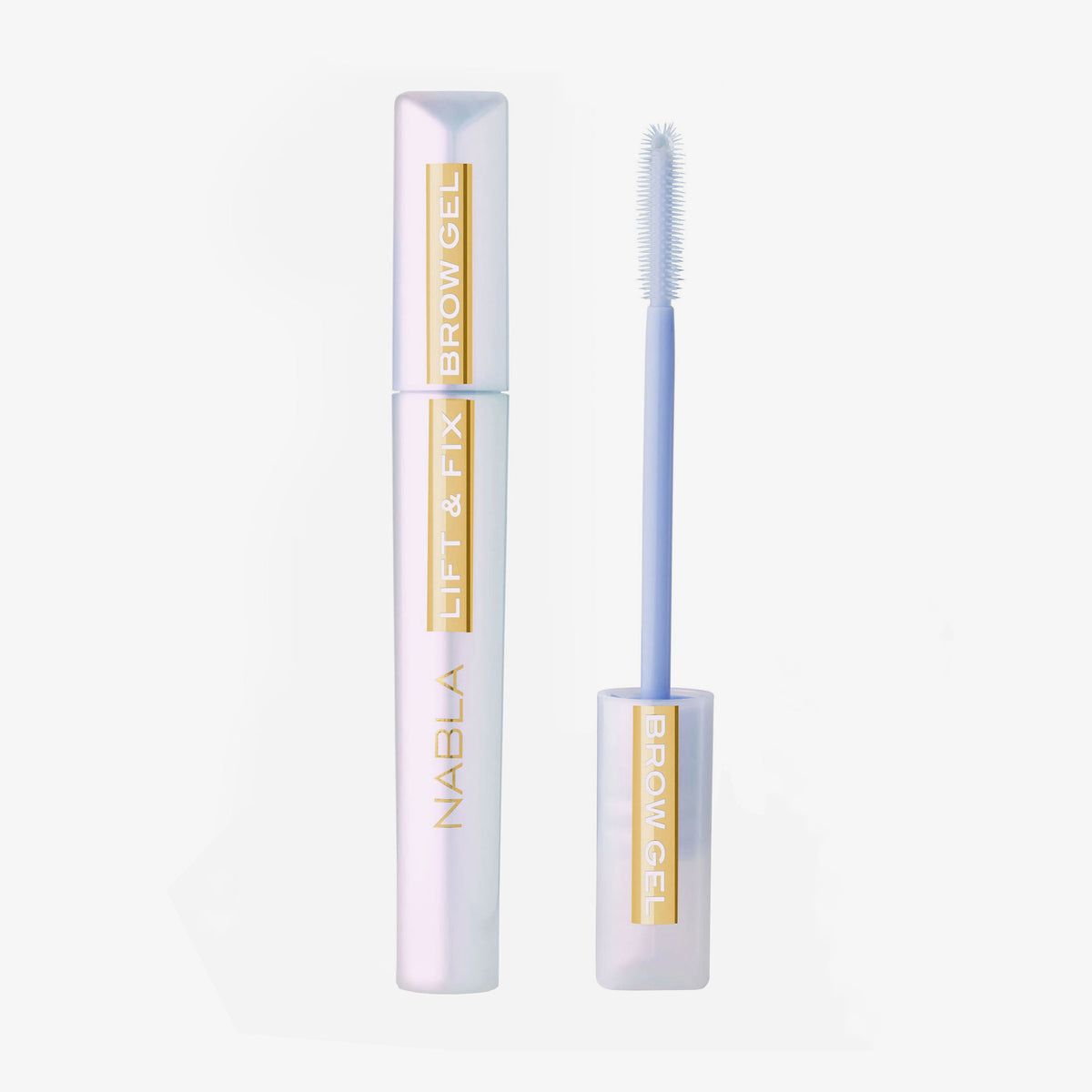 Das Bild zeigt das NABLA Lift & Fix Brow Gel – eine geöffnete, holografisch schimmernde Tube mit goldenem Aufdruck und herausgezogenem Applikator vor weißem Hintergrund.