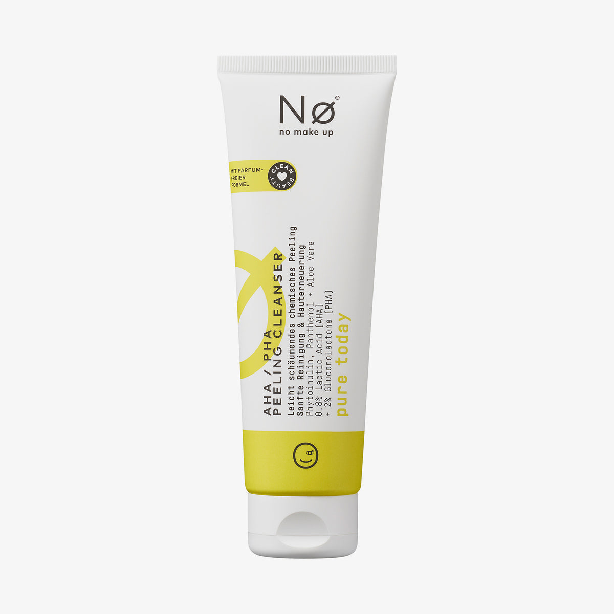 Weiße Tube Pure Tøday AHA/PHA Peeling Cleanser mit gelben Akzenten und schwarzem Text auf weißem Hintergrund.