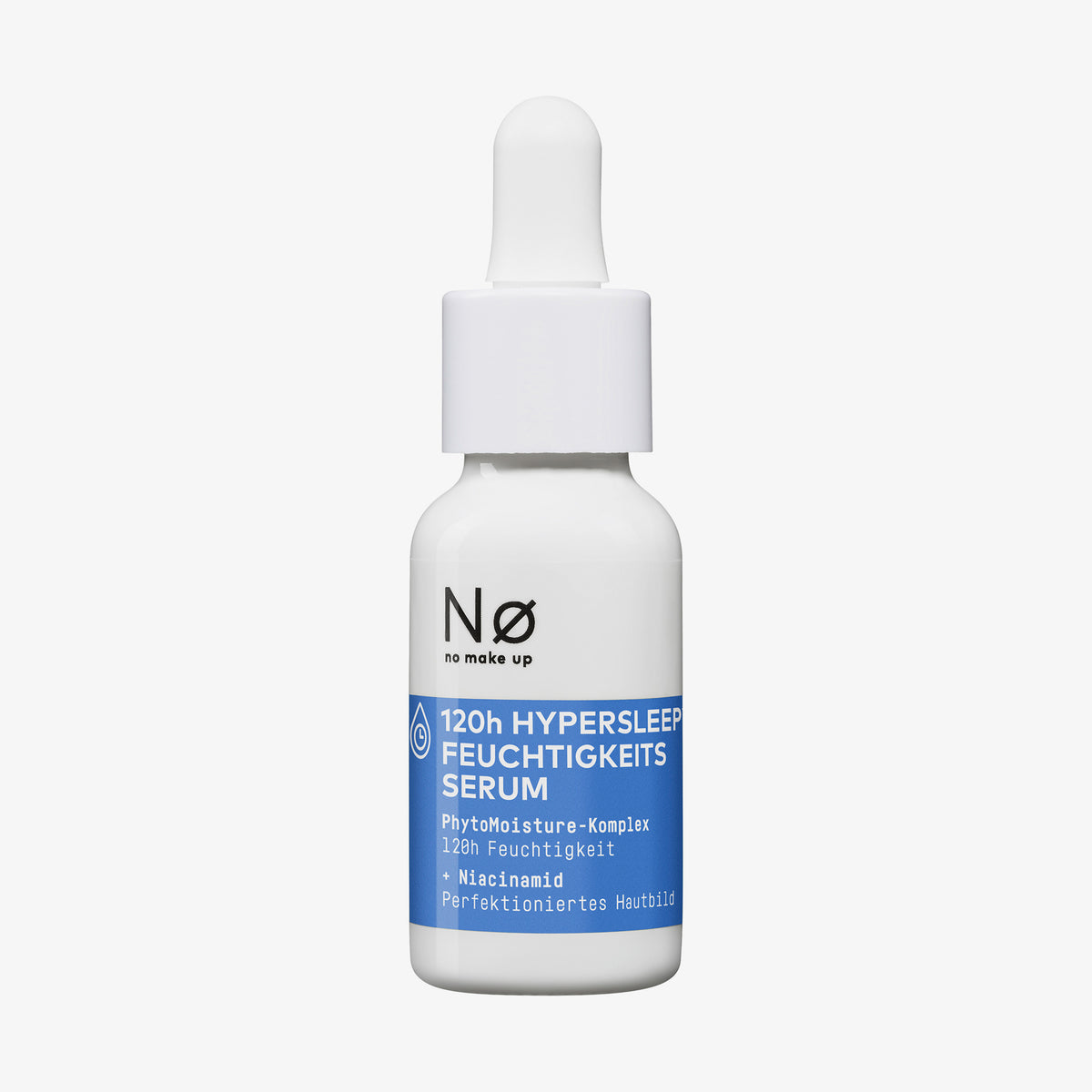 Weiße Flasche mit der Aufschrift „120h Hypersleep™ Feuchtigkeitsserum“ auf blauem Etikett, weißer Hintergrund.