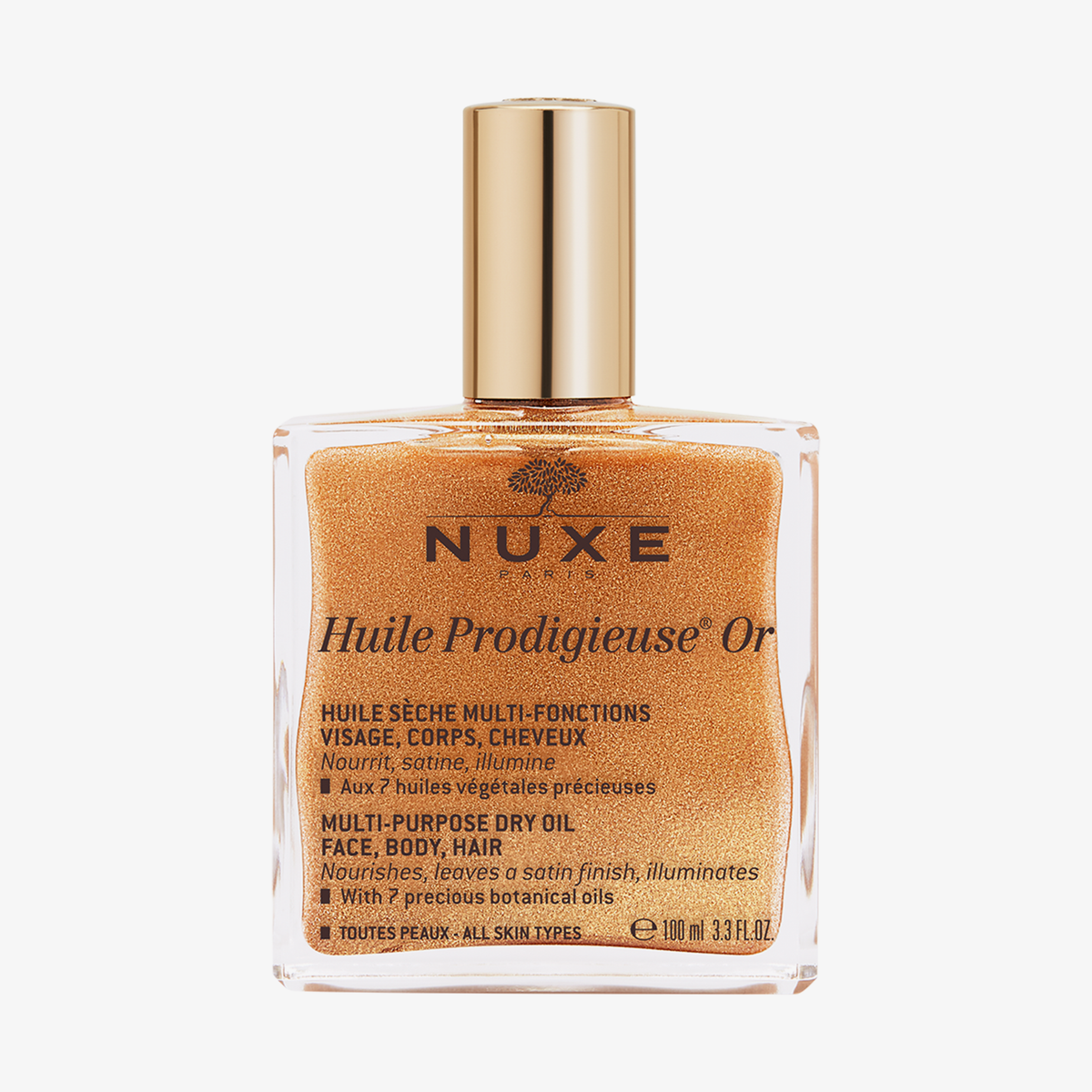 Eine Flasche NUXE Huile Prodigieuse® OR, in 100ml mit goldenem Schimmer für Gesicht, Körper und Haar im Inneren.