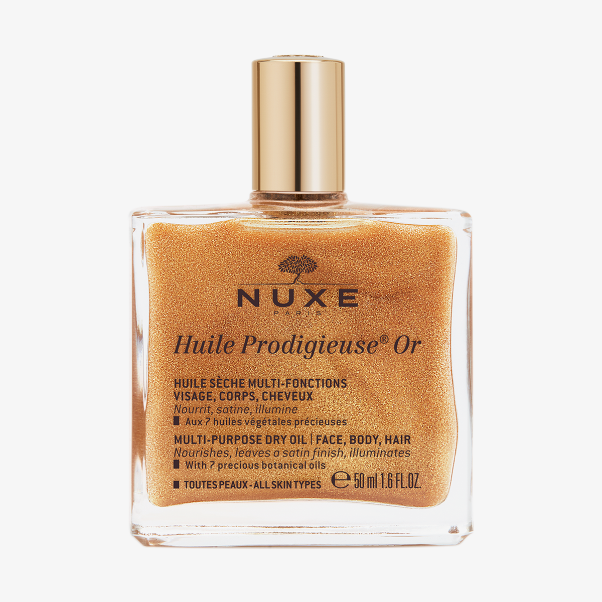 Eine Flasche NUXE Huile Prodigieuse® 50ml mit schimmerndem Gold im Inneren auf weißem Hintergrund.