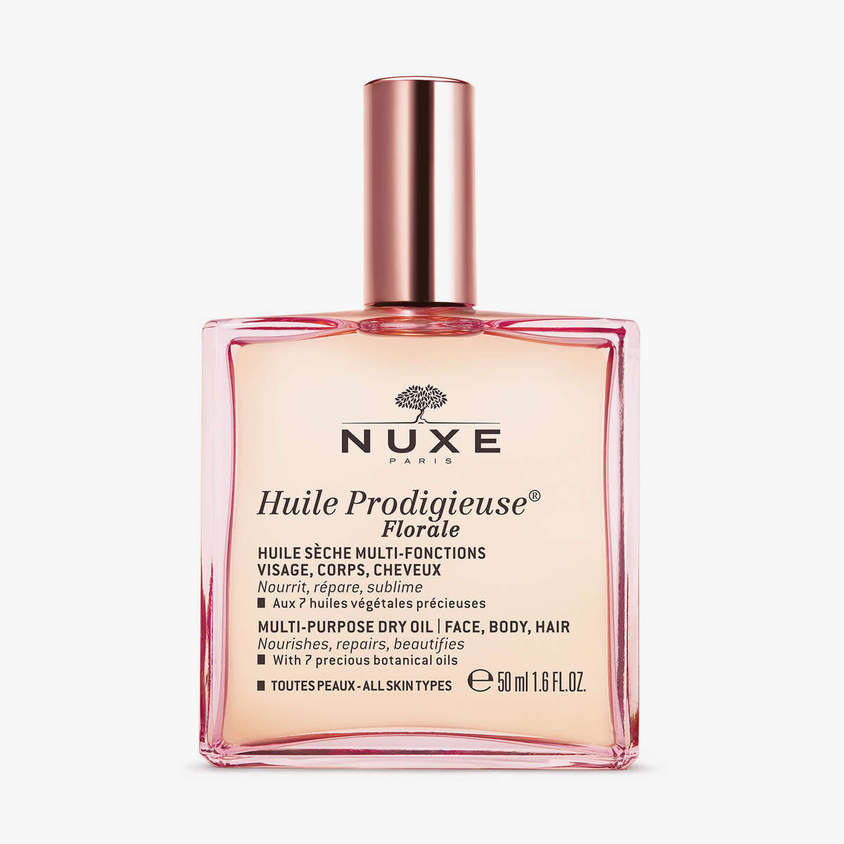 Eine 50-ml-Flasche NUXE Huile Prodigieuse® Florale für Gesicht, Körper und Haar aus weißem Hintergrund.