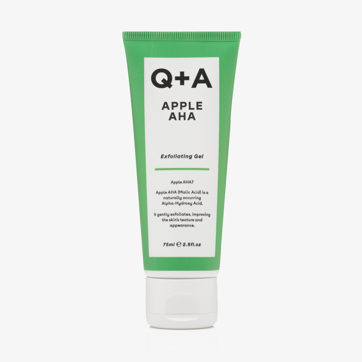 Eine 75 ml grüne Tube Apple AHA Exfoliating Gel steht aufrecht auf einem weißen Hintergrund.