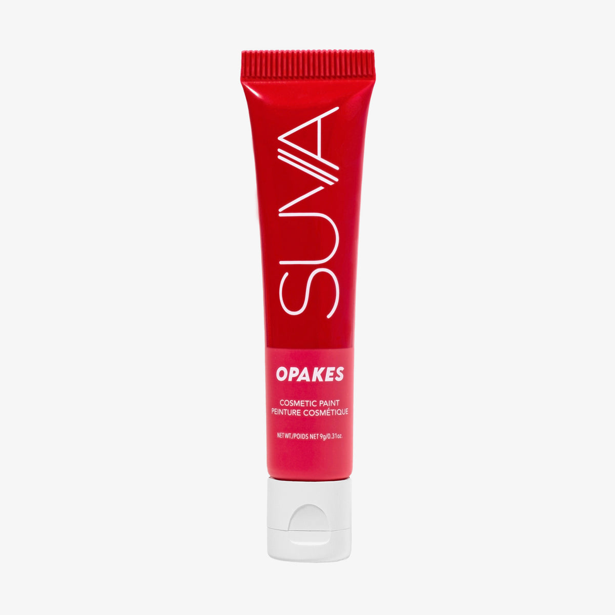 Rote Tube Opakes Cosmetic Paint von SUVA vor weißem Hintergrund.