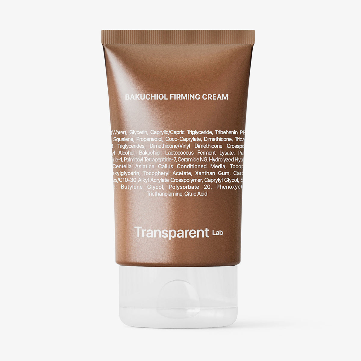Eine aufrecht stehende braune Tube Bakuchiol Firming Cream mit weißem Verschluss steht vor einem weißen Hintergrund.