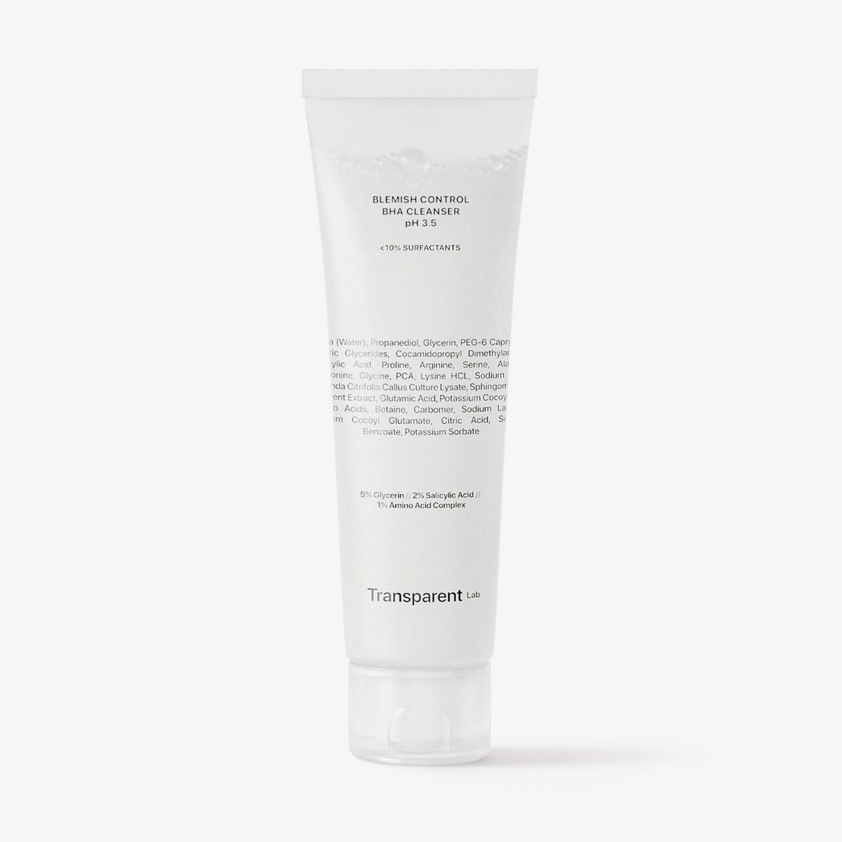 Blemish Control BHA Cleanser von Transparent Lab in einer Tube mit weißem Etikett und schwarzem Text.