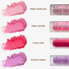 Von oben nach unten vier Blursh Press'd Powder Blush-Swatches in Rosatönen, jeweils mit einer passenden beschrifteten Tube, von Made by Mitchell.
