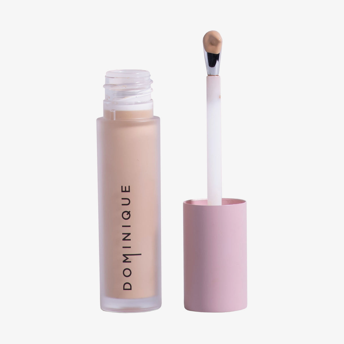 Auf weißem Hintergrund ist eine geöffnete Tube Wide Awake Full Coverage Concealer Cappuccino mit rosa Kappe und Applikatorstab abgebildet.
