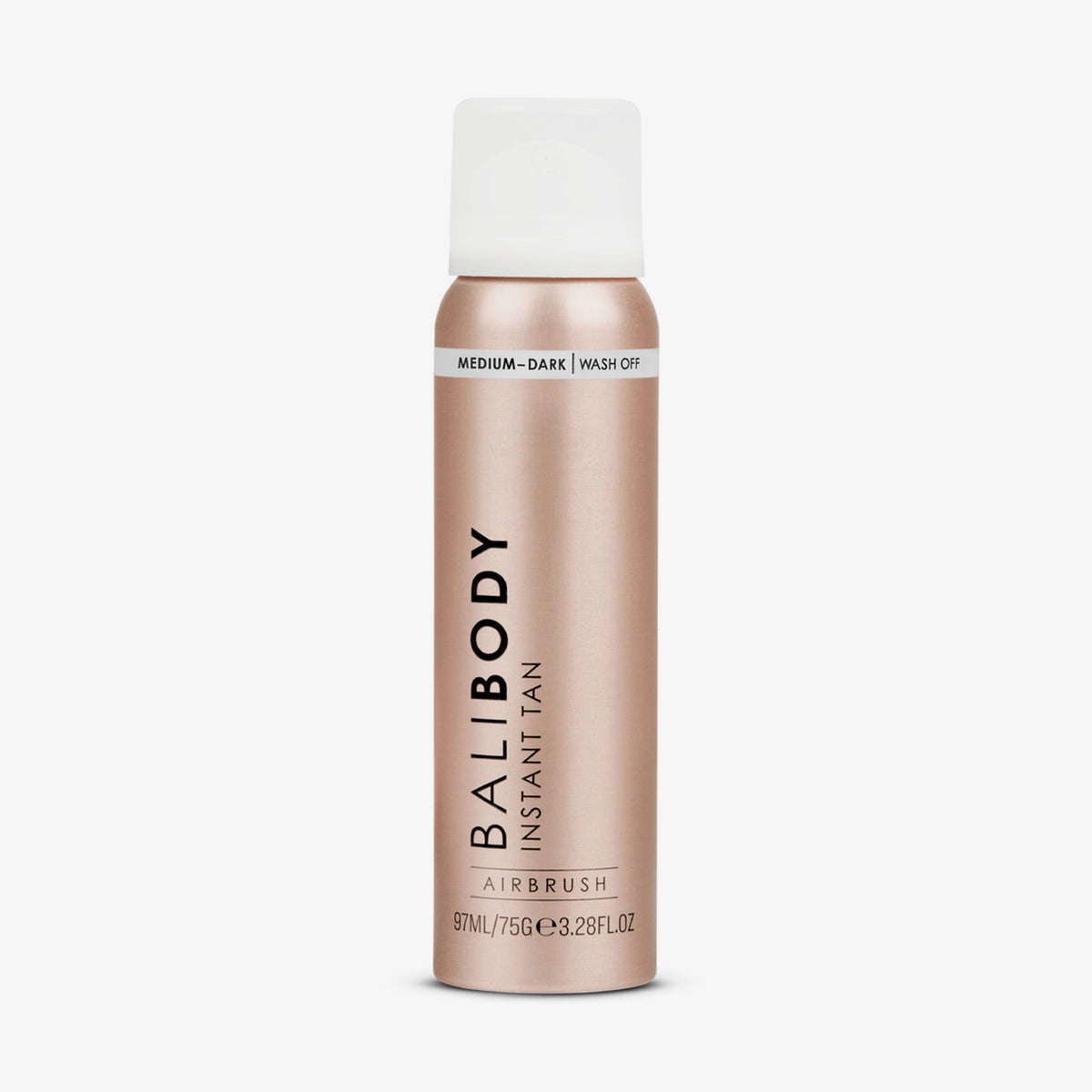 Eine goldene Sprühdose Bali Body Instant Tan Medium-Dark mit weißer Kappe vor weißem Hintergrund