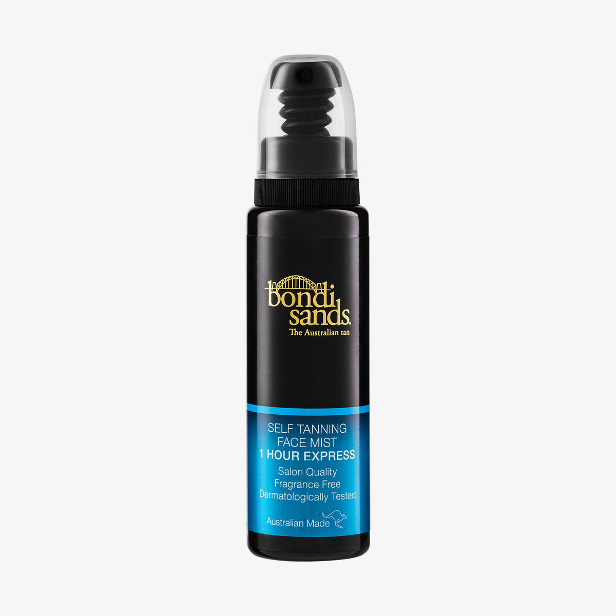 Eine schwarze Flasche Self Tanning Face Mist One Hour Express von Bondi Sands mit blauem Etikett und schwarzem Pumpverschluss