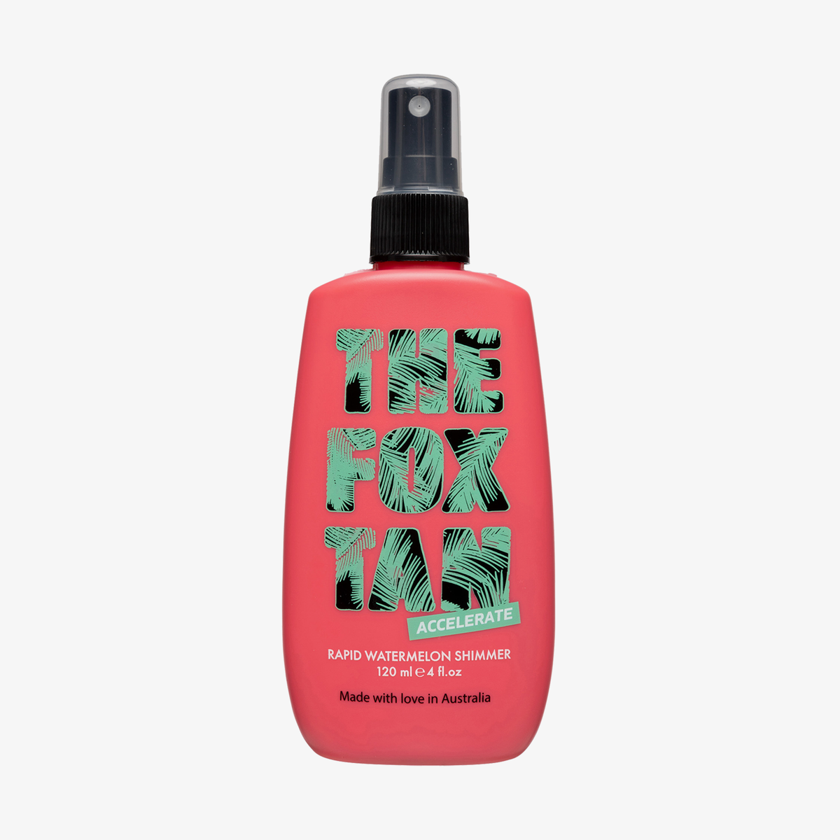 Eine rosa 120-ml-Flasche Rapid Watermelon Shimmer Spray-Flasche mit schwarzem Deckel.