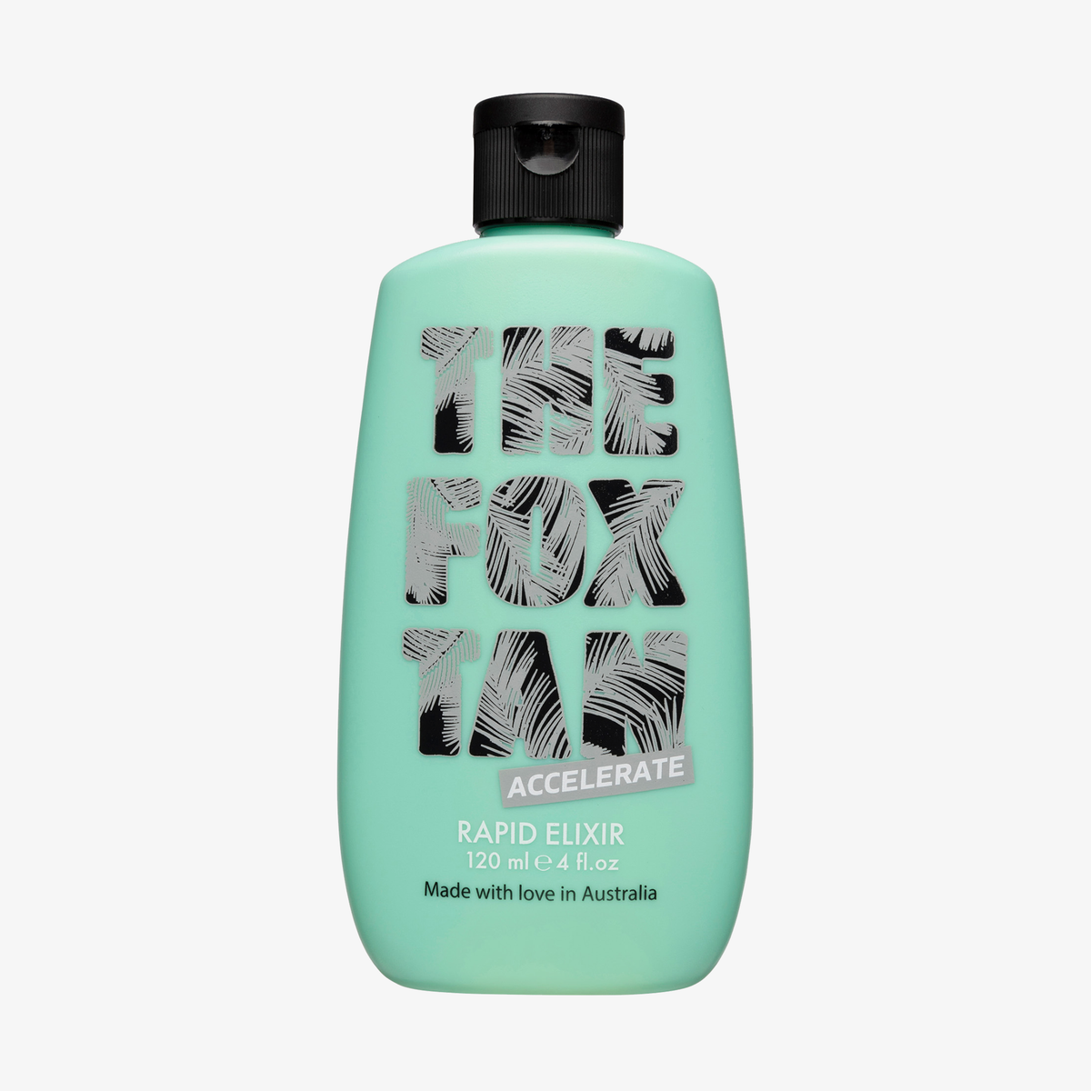 Eine grüne Flasche Rapid Tanning Elixir mit schwarzen Deckel auf weißem Hintergrund.