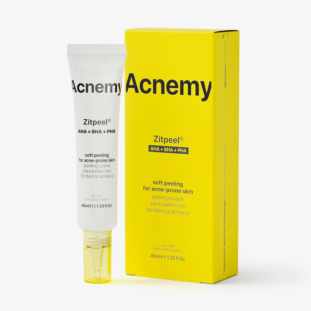 Eine weiße Tube Zitpeel und die gelbe Verpackung vor weißem Hintergrund