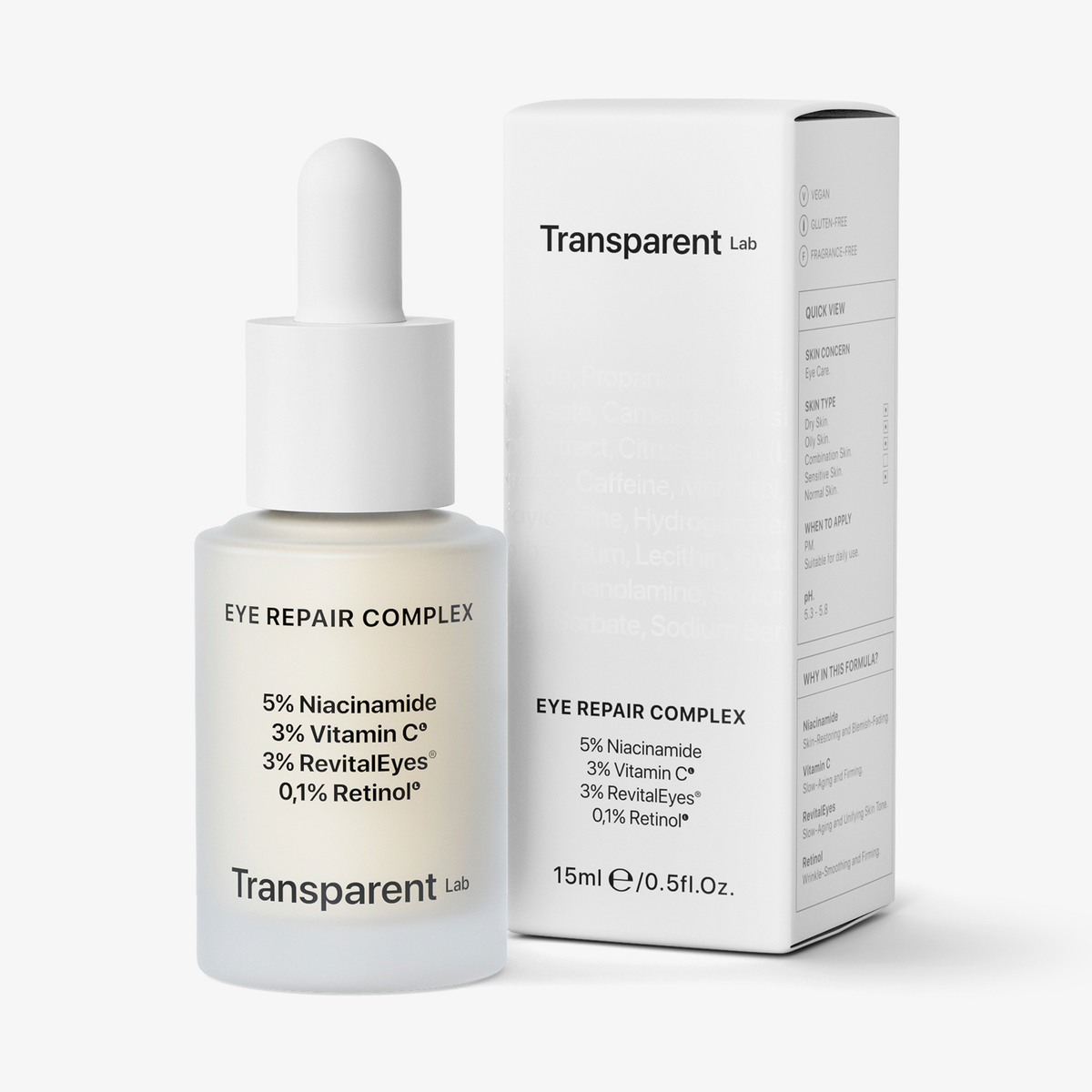 Eye Repair Complex steht neben der Produktverpackung, welche die Inhaltsstoffe und Pflegeangaben aufführt.