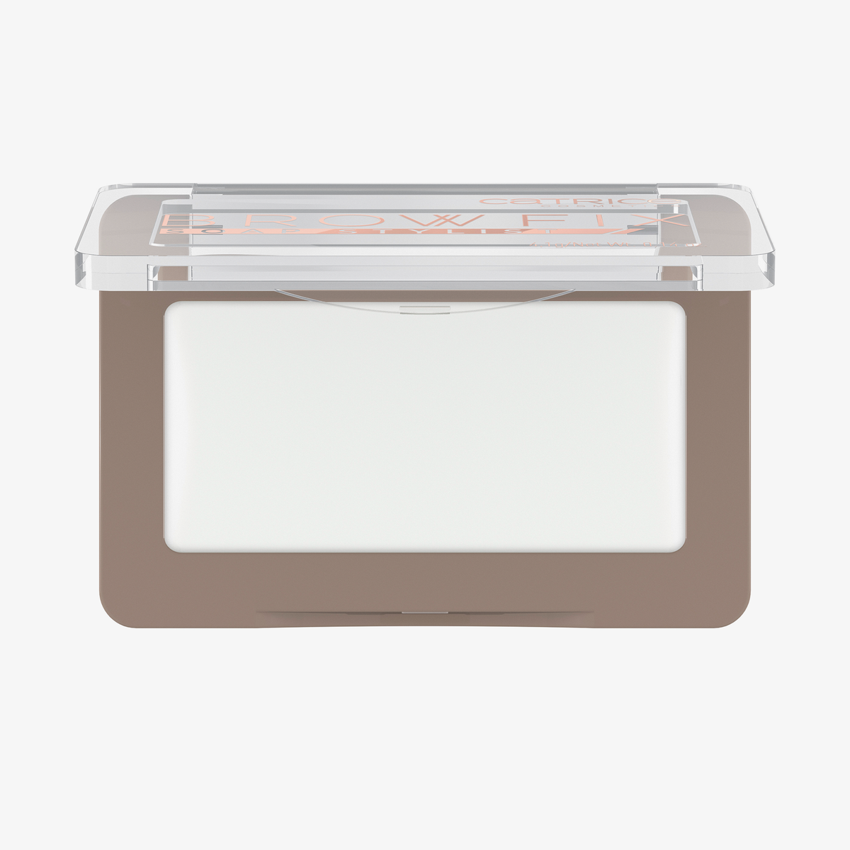 Geöffnete rechteckige Verpackung mit transparentem Brow Fix Soap Stylist 010 vor weißem Hintergrund.