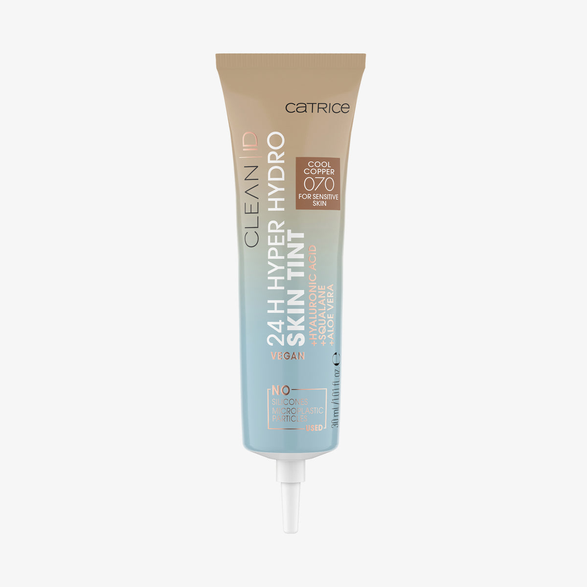 Eine Tube Catrice Clean ID 24H Hyper Hydro Skin Tint 070 Cool Copper mit beige-blauem Farbverlauf ohne Deckel.