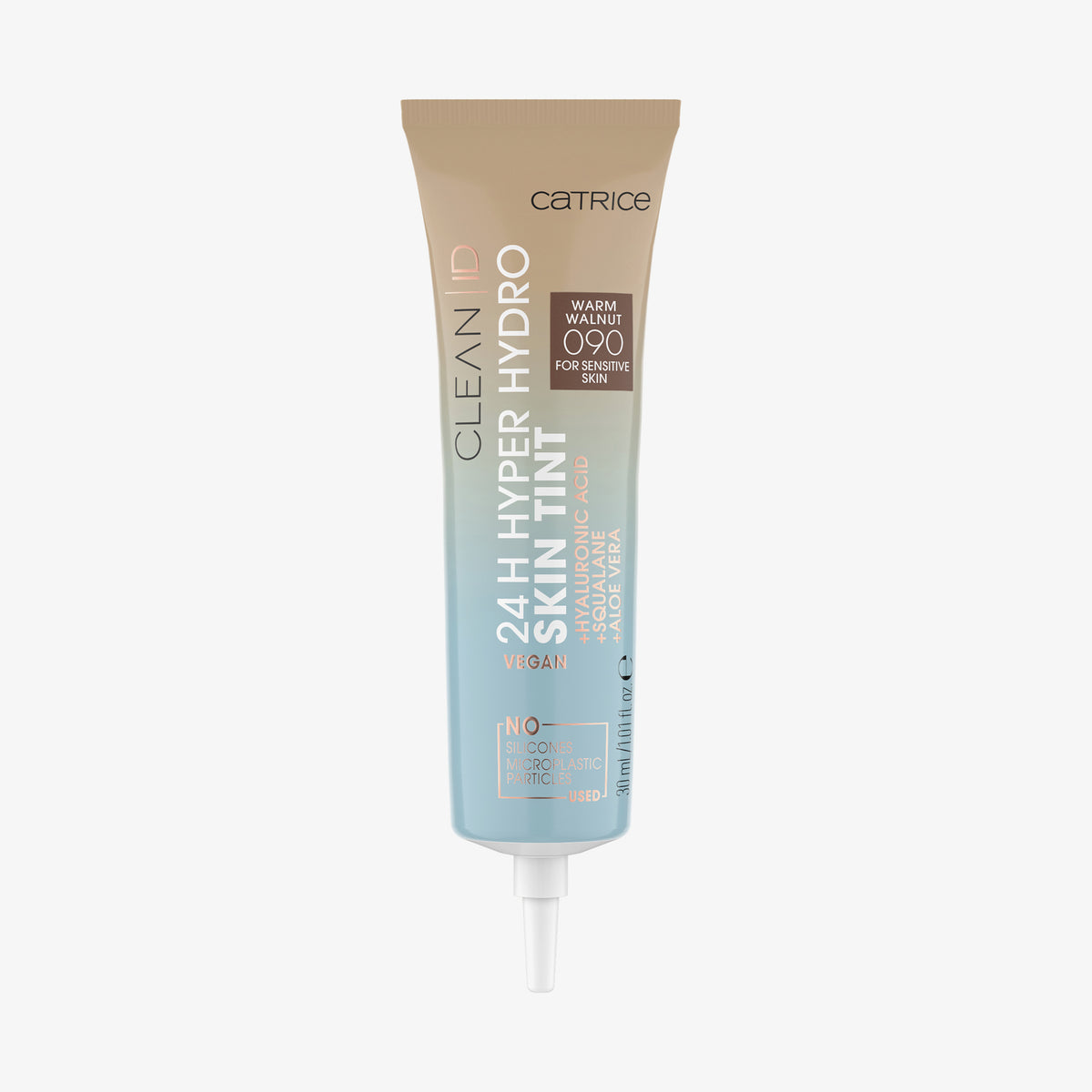 Eine Tube Catrice Clean ID 24H Hyper Hydro Skin Tint 090 Warm Walnut mit beige-blauem Farbverlauf ohne Deckel.