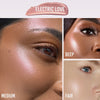 Drei Nahaufnahmen zeigen den Vision Flush Glow Electric Love auf dunkler, mittlerer und heller Haut.
