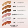 Sechs schimmernde Vision Flush Glow-Farbmuster mit Farbinfos; Tiara (Champagner Gold), Majesty( Bronze-Gold), Legendary (Gold-Schoko), Electric Love (Rosé-Mauve) , Femme (Lila-pinker Opal) und Crave (Warmes Kupfer).