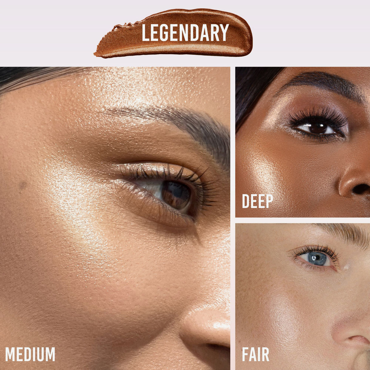 Drei Nahaufnahmen zeigen den Vision Flush Glow Legendary auf dunkler, mittlerer und heller Haut.