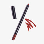 Offener Crayon Lipliner und Make-up-Stift in der Farbe Cherry von LH Cosmetic neben einer dunkelroten Kritzelei auf weißem Hintergrund.