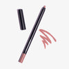 Offener Crayon Lipliner und Make-up-Stift in der Farbe Mauve von LH Cosmetic neben einer nude-rosanen Kritzelei auf weißem Hintergrund.