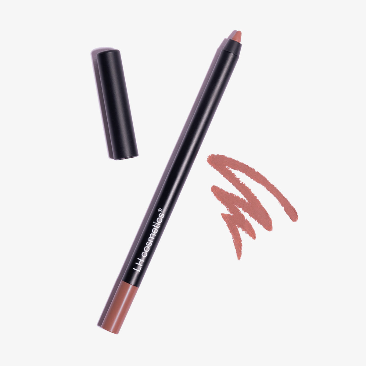Offener Crayon Lipliner und Make-up-Stift in der Farbe Rosy Nougat von LH Cosmetic neben einer rosé-nudefarbenen Kritzelei auf weißem Hintergrund.