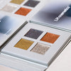 Nahaufnahme Basic Elements Palette von LH Cosmetics umfasst vier glitzernde Lidschattentöne: Schwarz, Kupfer, Gold und Silber.
