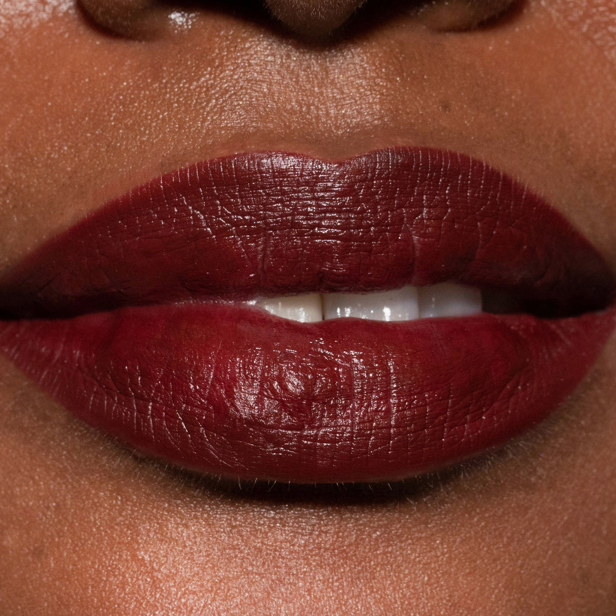 Nahaufnahme der Lippen einer Frau mit dunklem Teint, die den Crayon Lipliner Siren von LH Cosmetics trägt.