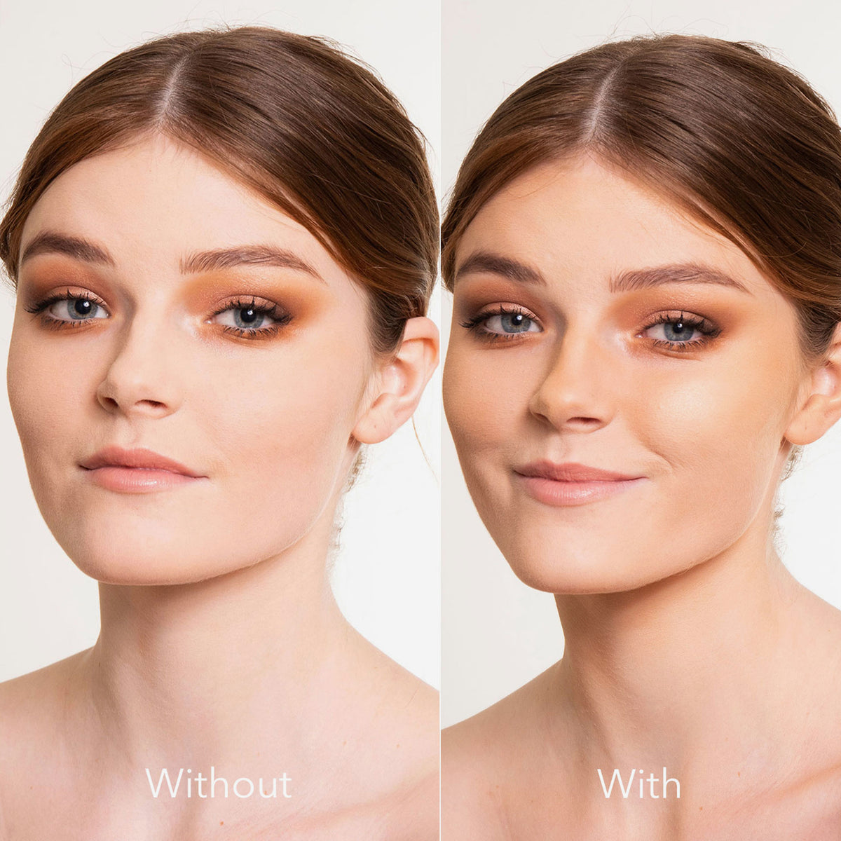 Vorher-Nachher-Bild einer Frau, zeigt den wärmenden Effekt des Infinity Bronzer in der Farbe ‚Always‘ von LH Cosmetics.