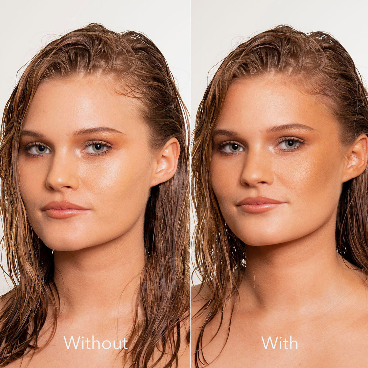 Vorher-Nachher-Bild einer Frau, zeigt den wärmenden Effekt des Infinity Bronzer in der Farbe ‚Beyond‘ von LH Cosmetics.