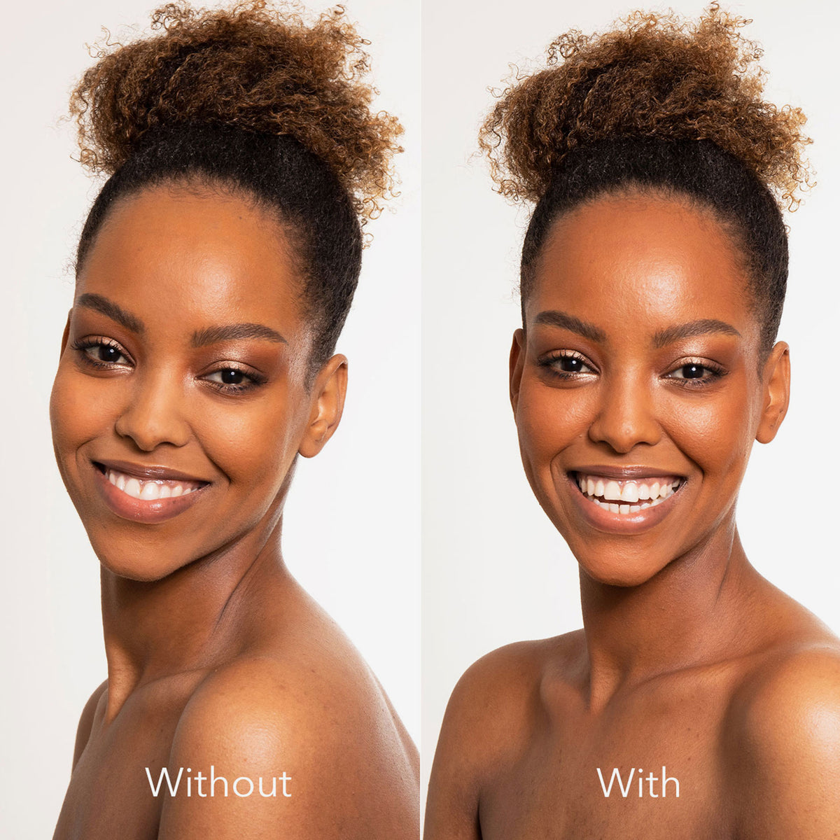 Vorher-Nachher-Bild einer Frau, zeigt den wärmenden Effekt des Infinity Bronzer in der Farbe ‚Forever‘ von LH Cosmetics.