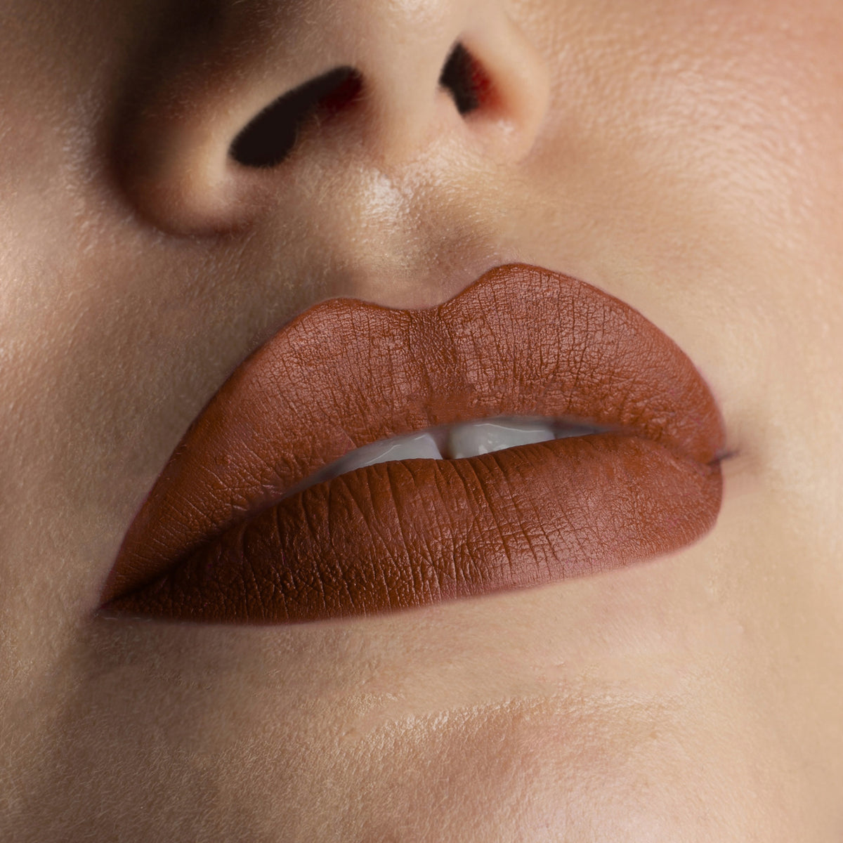 Nahaufnahme von Lippen die mit dem Sublimatte Matte Liquid Lipstick von Mesauda Beauty geschminkt sind. Farbe: 201 harmonious