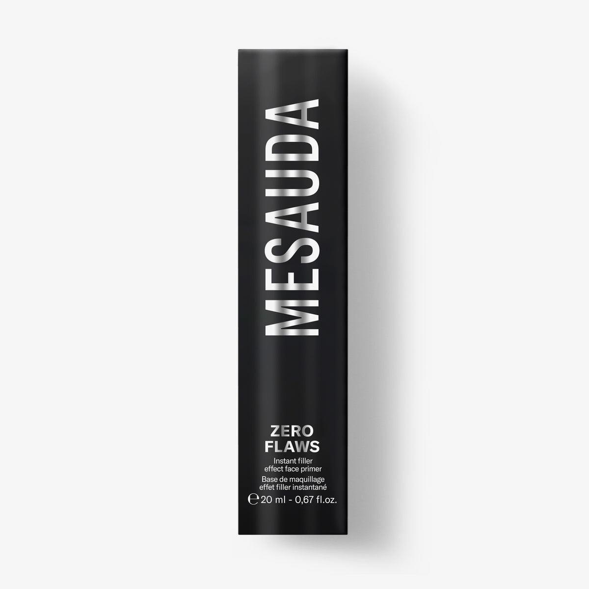 Schwarze rechteckige Schachtel mit der Aufschrift Mesauda Beauty Zero Flaws Primer, 20 ml.