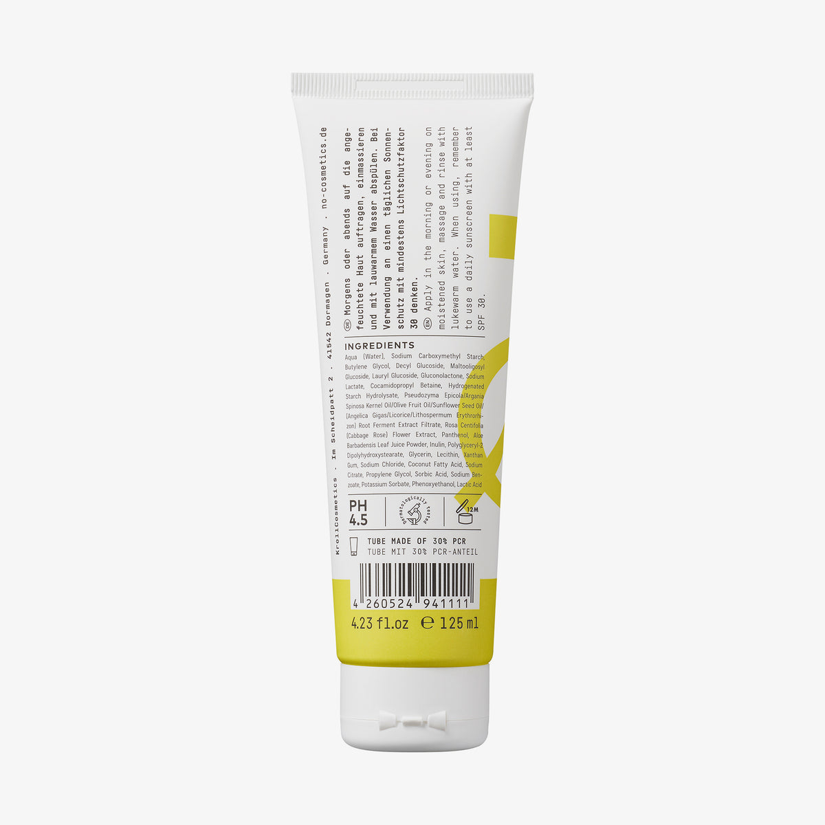 Eine weiß-gelbe Tube Pure Tøday AHA/PHA Peeling Cleanser mit einer Zutatenliste, Anweisungen und Symbolen auf der Rückseite.