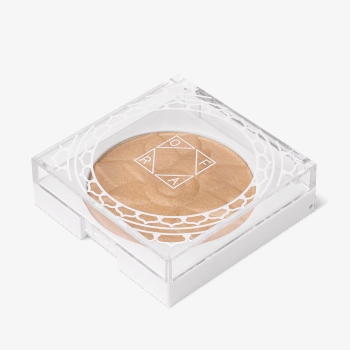 Das OFRA Cosmetics Pure Glow Finishing Powder in einem kompakten, durchsichtigen Kunststoffbehälter mit einem geometrischen Design .
