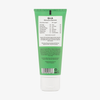 Rückseite einer grünen Tube Q+A Apple AHA Exfoliating Gel mit Angaben zu den Inhaltsstoffen und einer Checkliste zur Hautpflege.