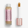 Geöffnete Foundation F9.5 Makeup Revolution: links der Flakon mit rosa Etikett, rechts der roségoldene Deckel mit Applikator