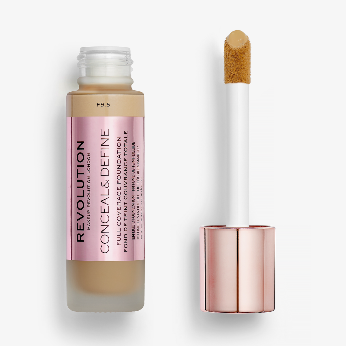 Geöffnete Foundation F9.5 Makeup Revolution: links der Flakon mit rosa Etikett, rechts der roségoldene Deckel mit Applikator