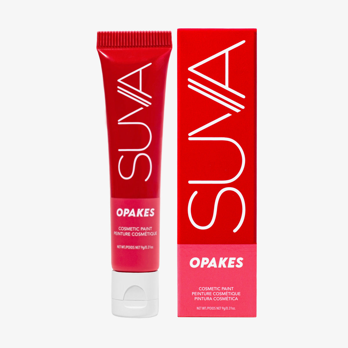 Rote Tube Opakes Cosmetic Paint von SUVA mit passender Schachtel auf weißem Hintergrund.
