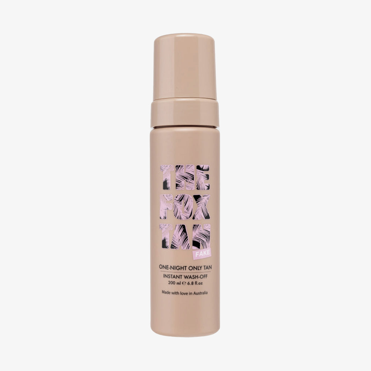 200 ml beige Flasche One Night Only Tan Instant Wash Off von The Fox Tan auf weißem Hintergrund.