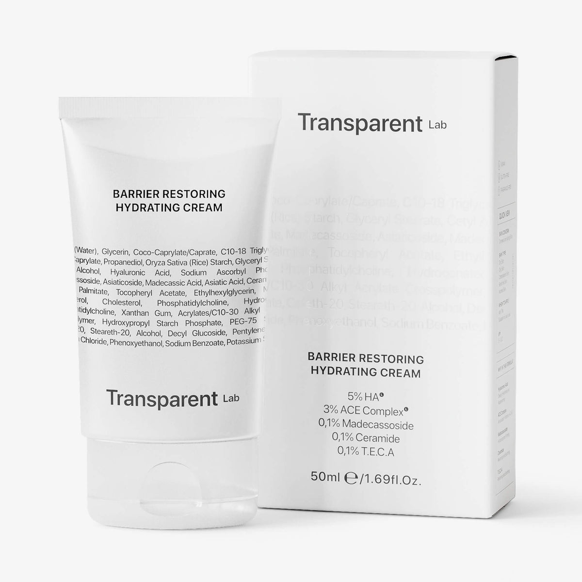 Tube und Schachtel Barrier Restoring Hydrating Cream von Transparent Lab, 50 ml, mit sichtbarer Zutatenliste.