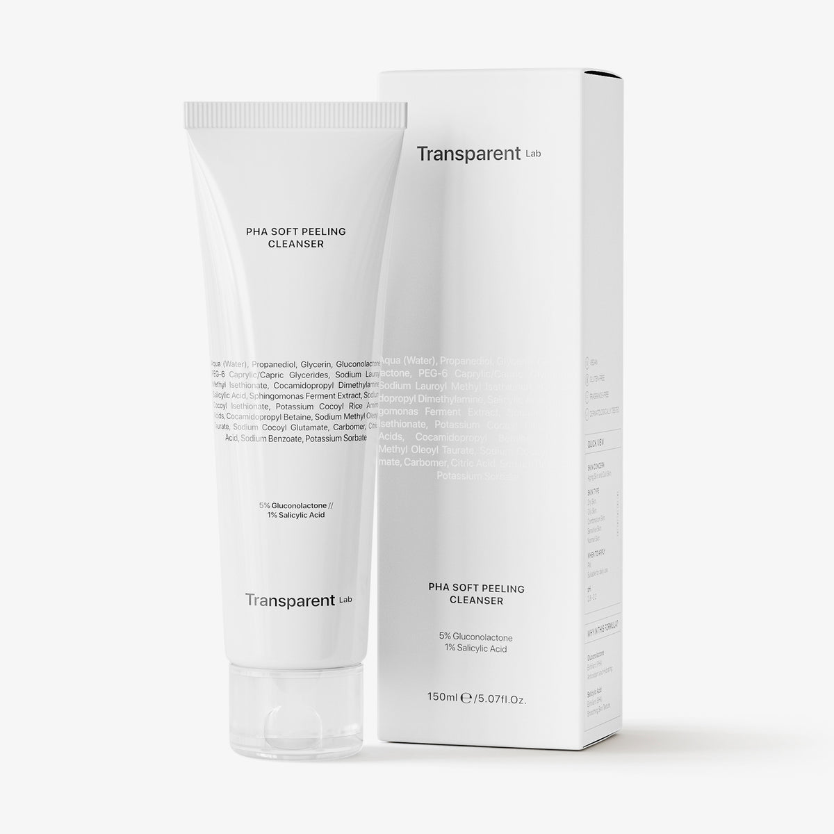 Eine weiße Tube PHA Soft Peeling Cleanser, neben der dazugehörigen Schachtel auf weißem Hintergrund.