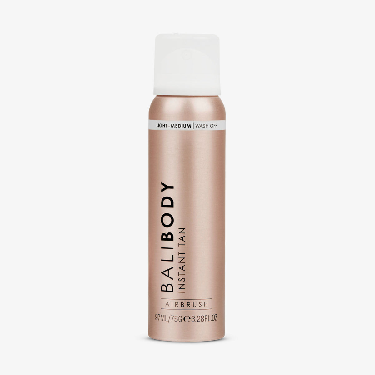 Eine goldene Flasche Bali Body Instant Tan Light-Medium mit weißer Kappe vor weißem Hintergrund