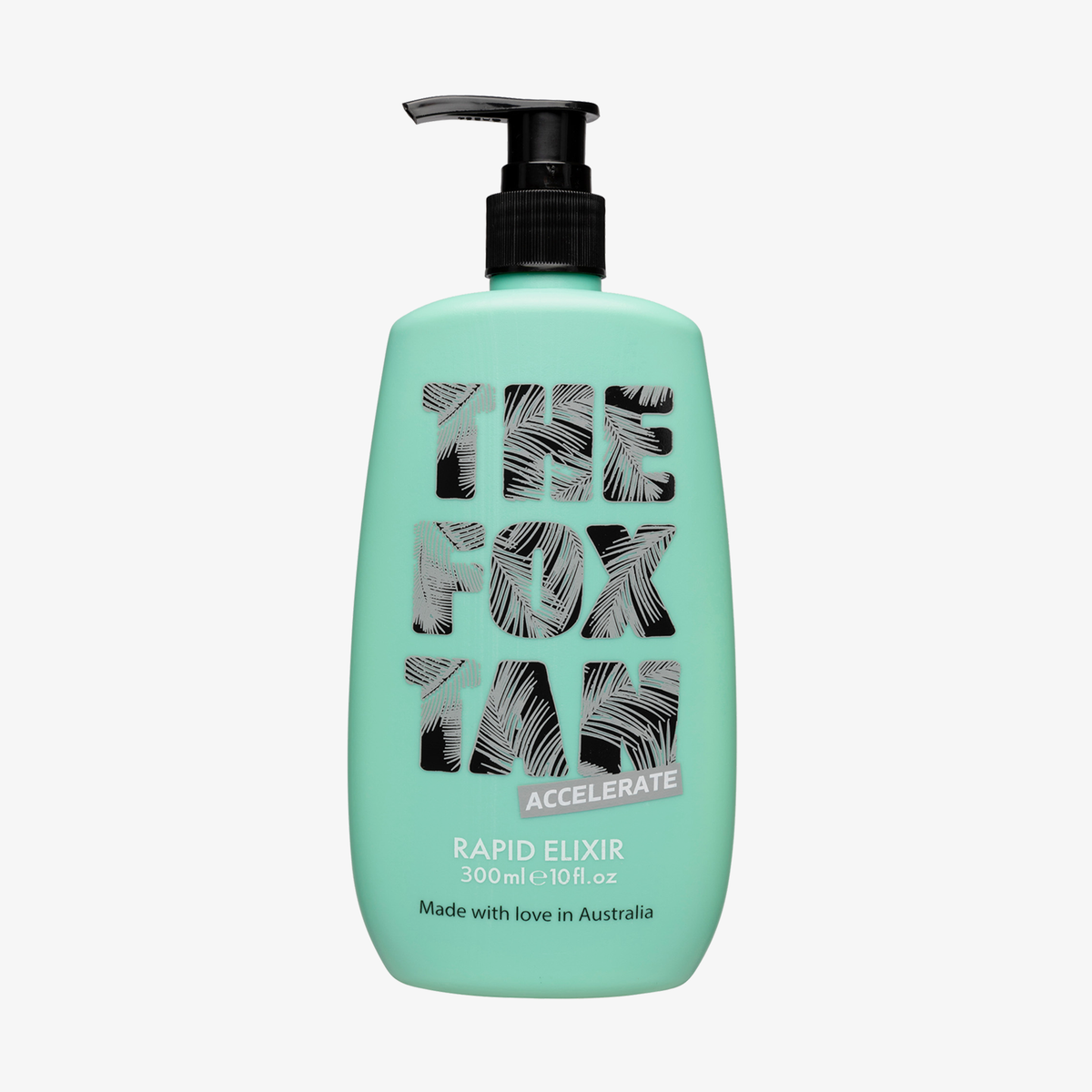 Grüne Flasche Rapid Tanning Elixir von The Fox Tan mit schwarzer Pumpe, 300 ml.